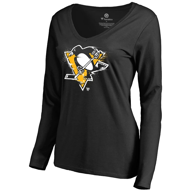 Women's Black Pittsburgh Penguins Splatter Logo V-Neck Long Sleeve T-Shirt