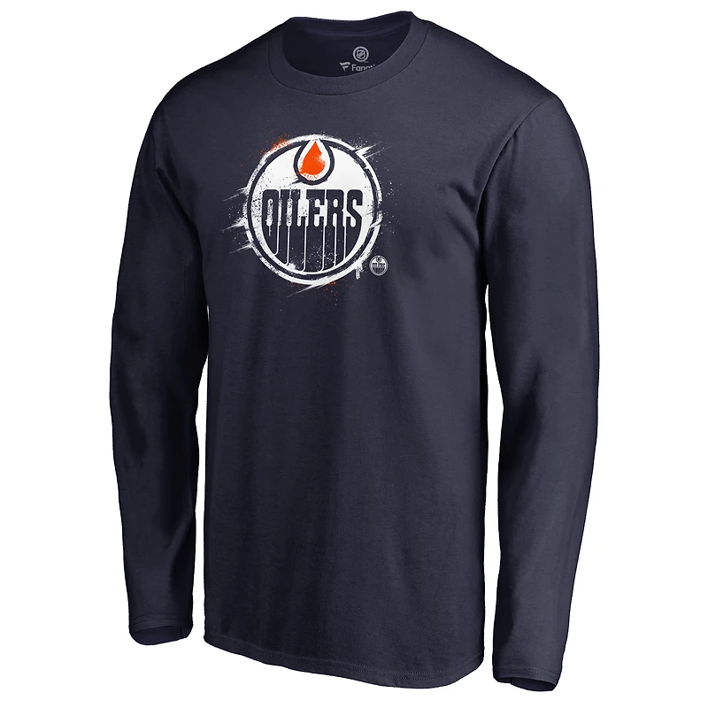 Men's Navy Edmonton Oilers Splatter Logo Long Sleeve T-Shirt