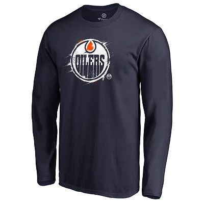 Men's Navy Edmonton Oilers Splatter Logo Long Sleeve T-Shirt