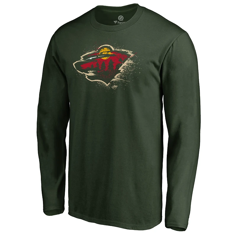 Men's Green Minnesota Wild Splatter Logo Long Sleeve T-Shirt