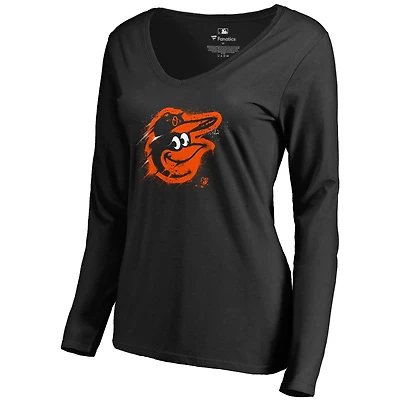 Women's Black Baltimore Orioles Splatter Logo Long Sleeve V-Neck T-Shirt