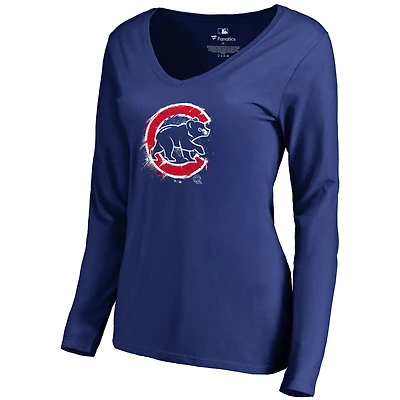 Women's Royal Chicago Cubs Splatter Logo Long Sleeve V-Neck T-Shirt