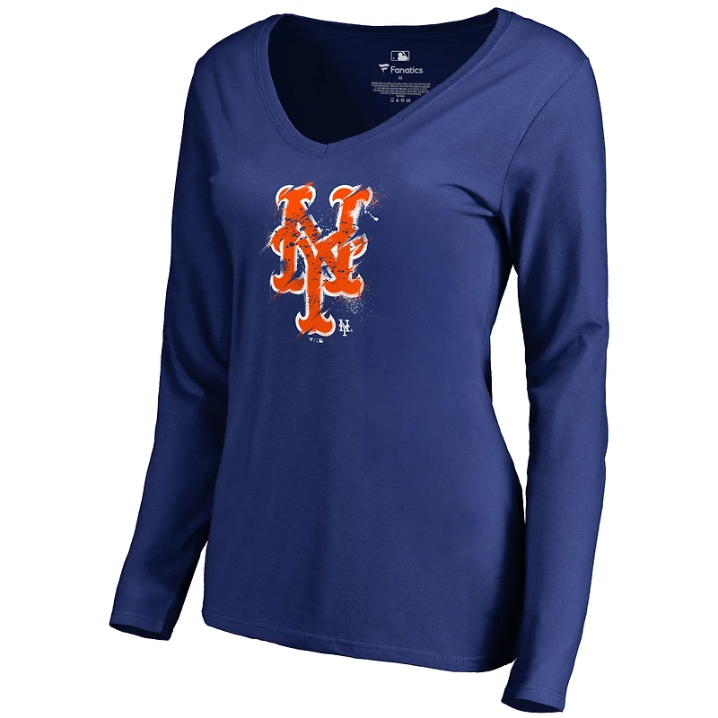 Women's Royal New York Mets Splatter Logo Long Sleeve V-Neck T-Shirt