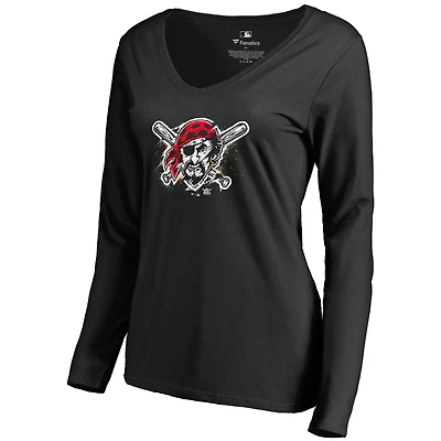 Women's Black Pittsburgh Pirates Splatter Logo Long Sleeve V-Neck T-Shirt