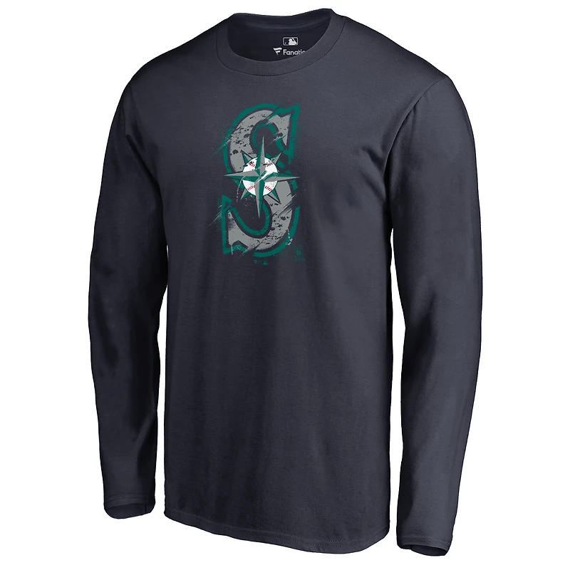 Men's Navy Seattle Mariners Splatter Logo Long Sleeve T-Shirt