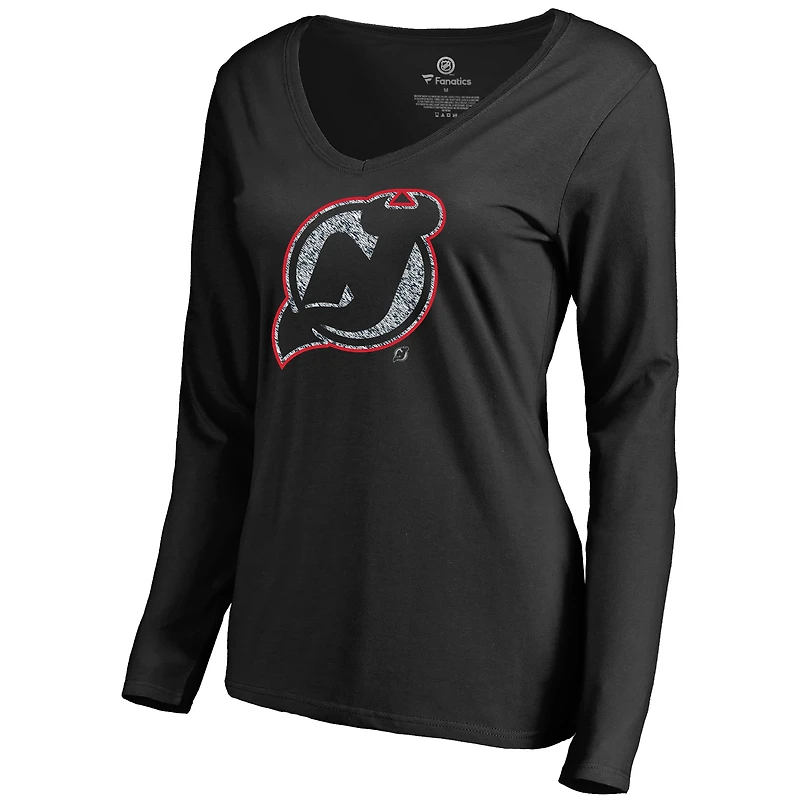 Women's Black New Jersey Devils Static Logo Long Sleeve V-Neck T-Shirt