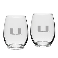 Miami Hurricanes Set of 2 Deep Etched Engraved Stemless Wine Glasses