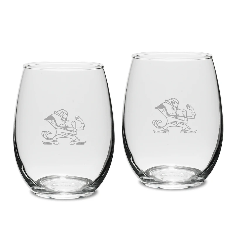 Notre Dame Fighting Irish Set of 2 Deep Etched Engraved Leprechaun Stemless Wine Glasses