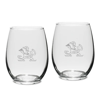 Notre Dame Fighting Irish Set of 2 Deep Etched Engraved Leprechaun Stemless Wine Glasses