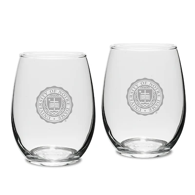 Notre Dame Fighting Irish Set of 2 Deep Etched Engraved Seal Stemless Wine Glasses