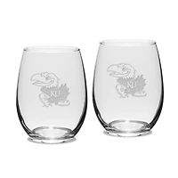 Kansas Jayhawks Set of 2 Deep Etched Engraved Stemless Wine Glasses