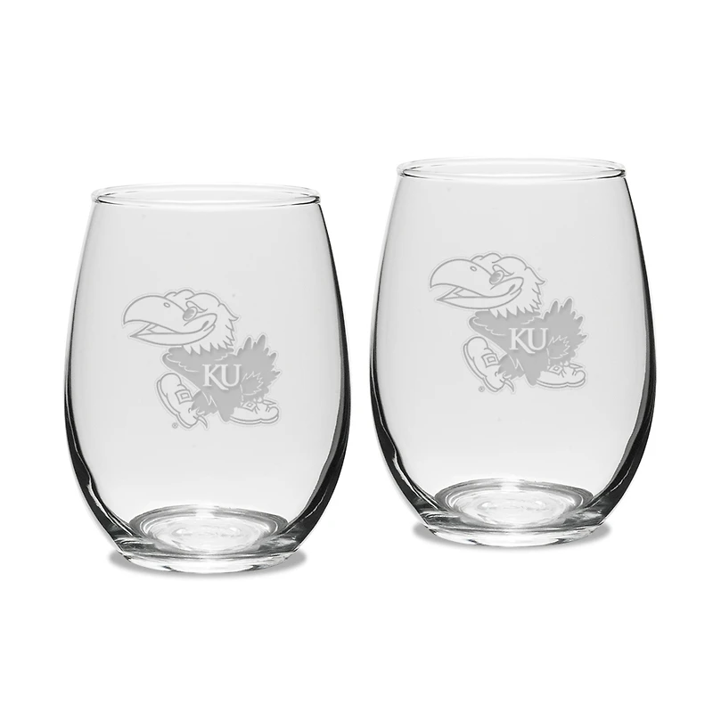 Kansas Jayhawks Set of 2 Deep Etched Engraved Stemless Wine Glasses