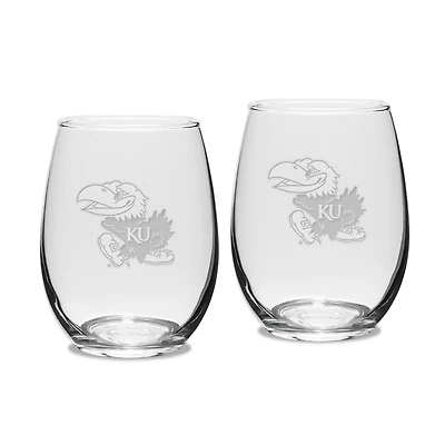 Kansas Jayhawks Set of 2 Deep Etched Engraved Stemless Wine Glasses