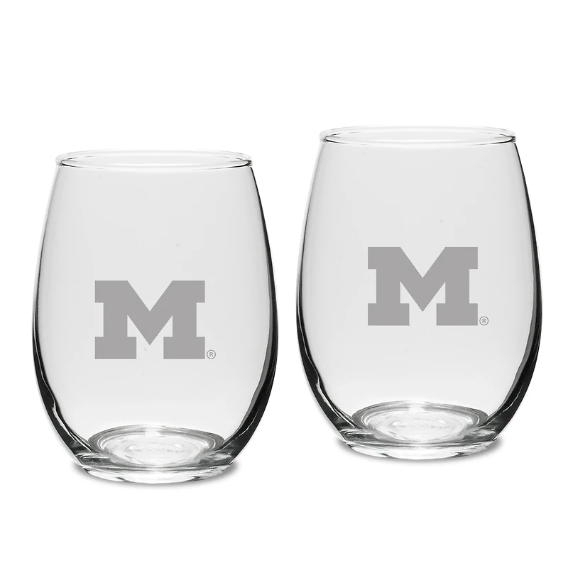 Michigan Wolverines Set of 2 Deep Etched Engraved Stemless Wine Glasses