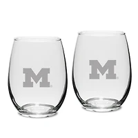 Michigan Wolverines Set of 2 Deep Etched Engraved Stemless Wine Glasses