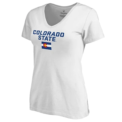 Women's White Colorado State Rams CSU State Flag Wordmark V-Neck T-Shirt