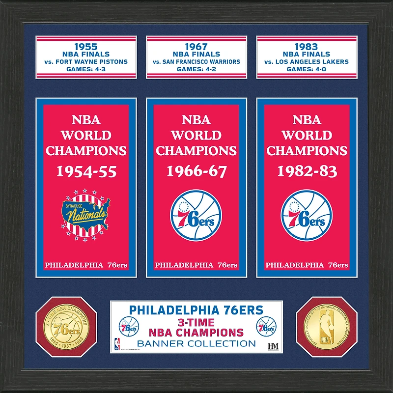 Highland Mint Philadelphia 76ers 15" x 12" 3-Time NBA Finals Champions Banner Bronze Coin Photo Mint