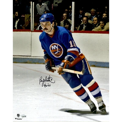 Bryan Trottier New York Islanders Autographed 16" x 20" Blue Jersey Skating Photograph with "HOF 97" Inscription