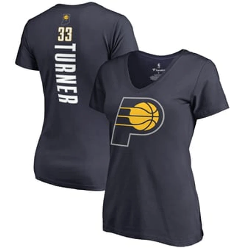 Women's Myles Turner Navy Indiana Pacers Backer Name and Number V-Neck T-Shirt