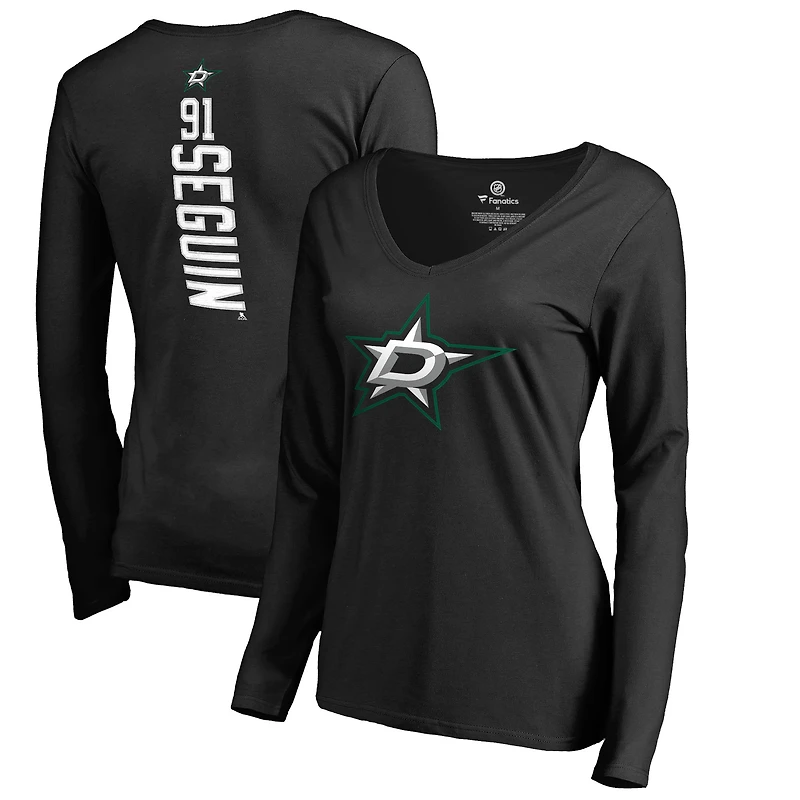 Women's Tyler Seguin Black Dallas Stars Backer Name & Number Slim Fit Long Sleeve V-Neck T-Shirt