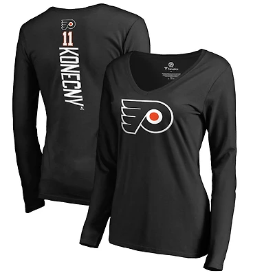 Women's Travis Konecny Black Philadelphia Flyers Backer Name & Number Slim Fit Long Sleeve V-Neck T-Shirt