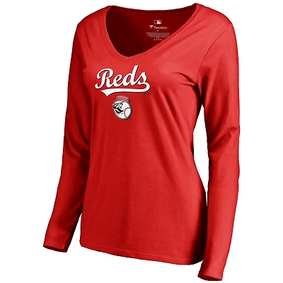 Women's Red Cincinnati Reds Team Lockup Slim Fit Long Sleeve V-Neck T-Shirt