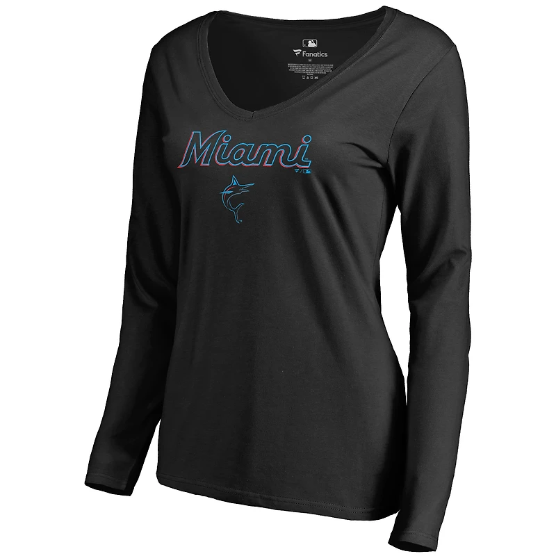 Women's Black Miami Marlins Team Lockup Slim Fit Long Sleeve V-Neck T-Shirt