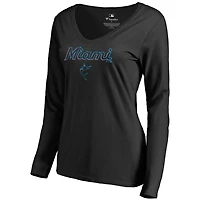 Women's Black Miami Marlins Team Lockup Slim Fit Long Sleeve V-Neck T-Shirt