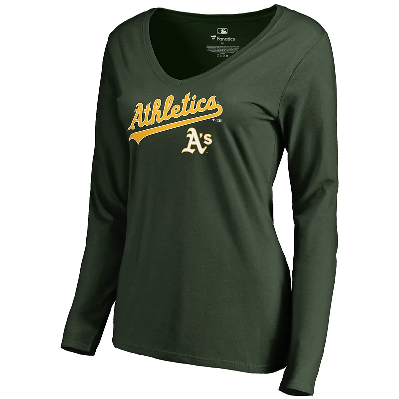 Women's Green Athletics Team Lockup Slim Fit Long Sleeve V-Neck T-Shirt
