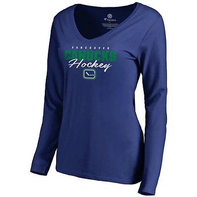 Women's Blue Vancouver Canucks Iconic Collection Script Assist Long Sleeve V-Neck T-Shirt