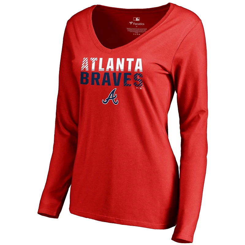 Women's Red Atlanta Braves Fade Out V-Neck Long Sleeve T-Shirt
