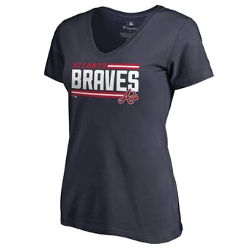 Women's Navy Atlanta Braves Onside Stripe V-Neck T-Shirt