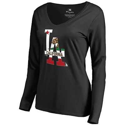 Women's Black Los Angeles Dodgers Hometown Collection Cali Flag Long Sleeve V-Neck T-Shirt
