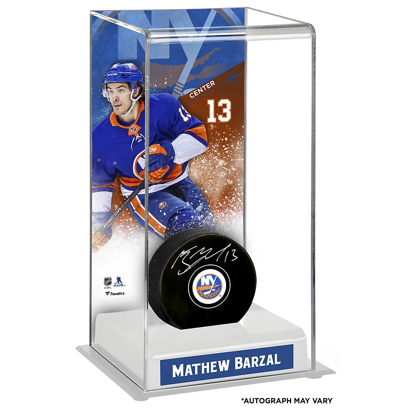 Mathew Barzal New York Islanders Autographed Puck with Deluxe Tall Hockey Puck Case