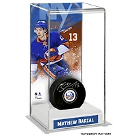 Mathew Barzal New York Islanders Autographed Puck with Deluxe Tall Hockey Puck Case