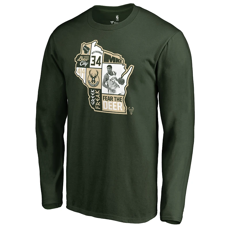 Men's Giannis Antetokounmpo Hunter Green Milwaukee Bucks Player State Long Sleeve T-Shirt