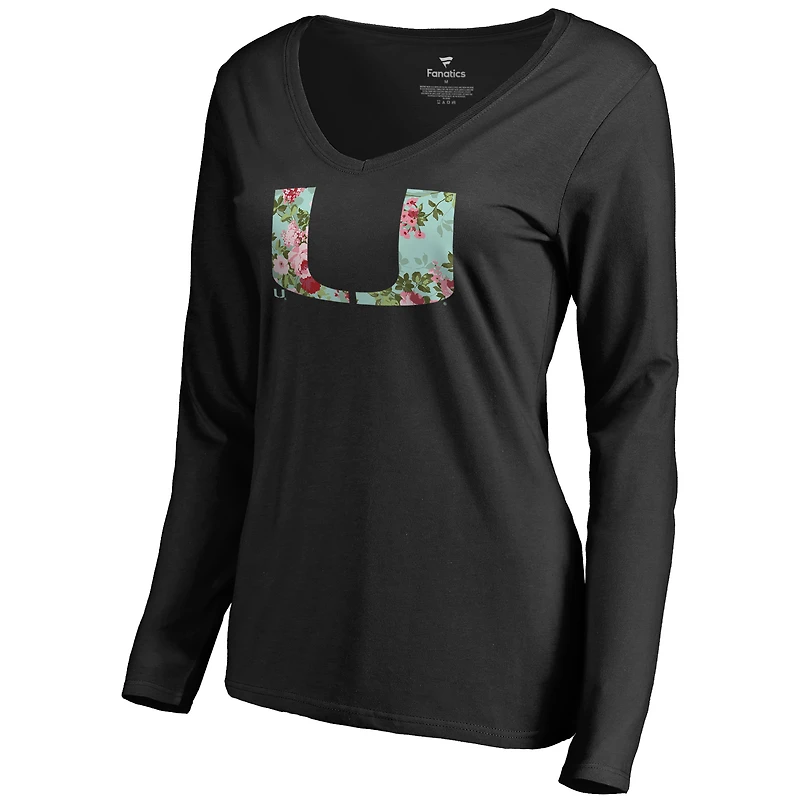 Women's Black Miami Hurricanes Lovely Long Sleeve V-Neck T-Shirt