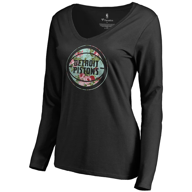 Women's Black Detroit Pistons Lovely V-Neck Long Sleeve T-Shirt