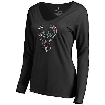 Women's Black Milwaukee Bucks Lovely V-Neck Long Sleeve T-Shirt