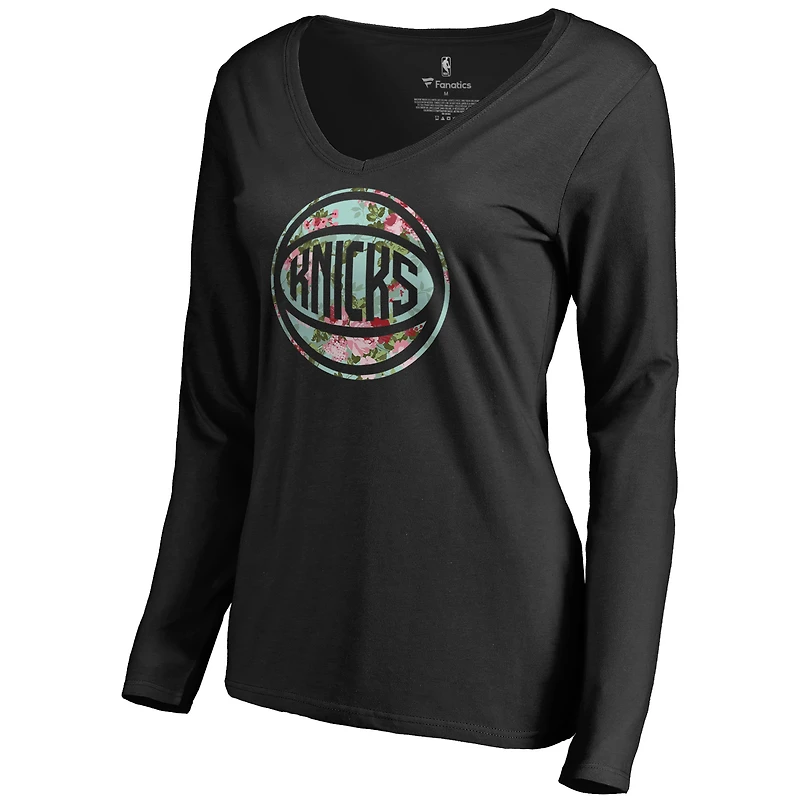 Women's Black New York Knicks Lovely V-Neck Long Sleeve T-Shirt