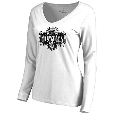 Women's White Washington Mystics Marble Long Sleeve V-Neck T-Shirt