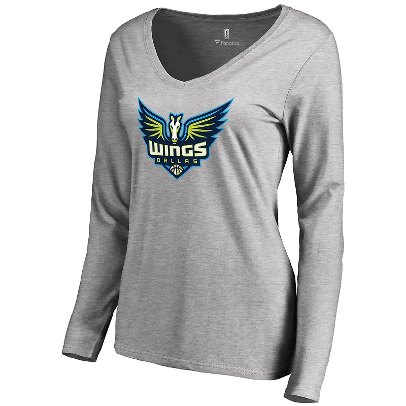 Women's Heathered Gray Dallas Wings Primary Logo Long Sleeve V-Neck T-Shirt