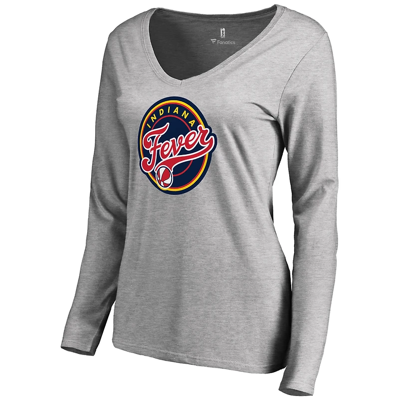 Women's Heathered Gray Indiana Fever Primary Logo Long Sleeve V-Neck T-Shirt