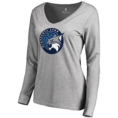 Women's Heathered Gray Minnesota Lynx Primary Logo Long Sleeve V-Neck T-Shirt