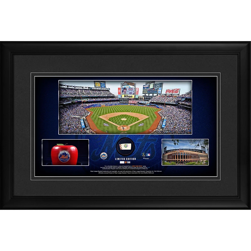 New York Mets Framed 10" x 18" Stadium Panoramic Collage with a Piece of Game-Used Baseball - Limited Edition of 500