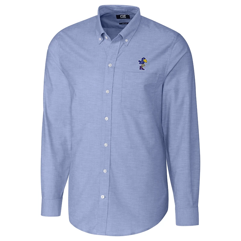 Men's Cutter & Buck Royal Kansas Jayhawks Big & Tall College Vault Stretch Oxford Tri-Blend Long Sleeve Button-Down Shirt