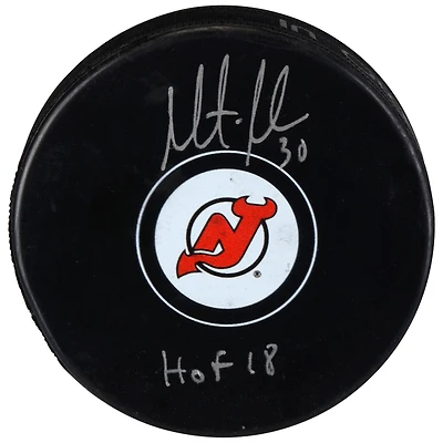 Martin Brodeur New Jersey Devils Autographed Hockey Puck with "HOF 18" Inscription