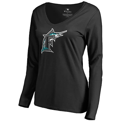 Women's Black Florida Marlins Cooperstown Collection Forbes Long Sleeve V-Neck T-Shirt