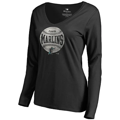 Women's Black Florida Marlins Cooperstown Collection Slider Long Sleeve V-Neck T-Shirt