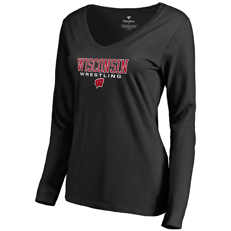 Women's Black Wisconsin Badgers Team Unity Wrestling V-Neck Long Sleeve T-Shirt